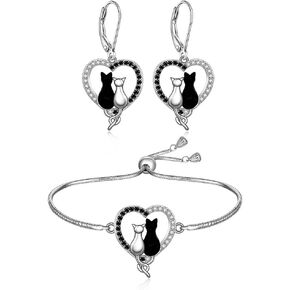Set Cat Earrings and Bracelet for Women Black Cat Bracelets 925 Sterling Silver Halloween Heart Animal Family Cats Lover Gifts