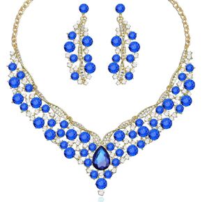 Elegant Austrian Crystal V-Shaped Statement Necklace Earrings Set Bridal Wedding Prom Costume Jewelry For Bride Bridesmaid