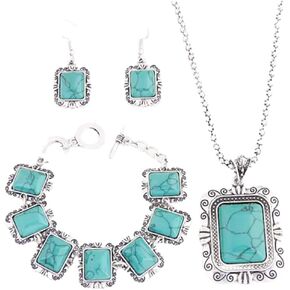 Secret for Longevity Silver Tone 3 Pcs Bohemian Turquoise Western Navajo Style Acrylic Resin Stones Statement Necklace Earrings Bracelet Set