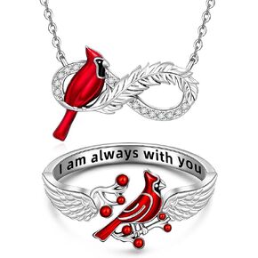 Cardinal Ring Necklace Set Cardinal Appear When Angels are Near Red Bird Rings for Women Sterling Silver Memorial Jewelry