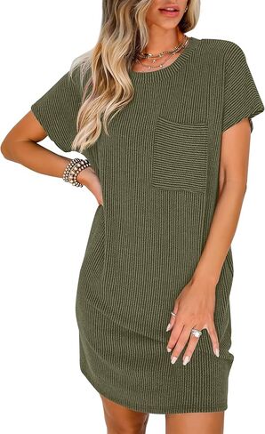 ANRABESS Womens Casual Summer Ribbed Knit Tunic Tshirt Mini Dresses 2025 Spring Crewneck Short Sleeve Beach Loose Shift Dress in Kuwait