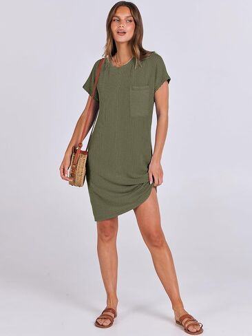 ANRABESS Womens Casual Summer Ribbed Knit Tunic Tshirt Mini Dresses 2025 Spring Crewneck Short Sleeve Beach Loose Shift Dress in Kuwait