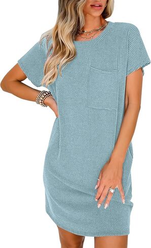 ANRABESS Womens Casual Summer Ribbed Knit Tunic Tshirt Mini Dresses 2025 Spring Crewneck Short Sleeve Beach Loose Shift Dress in Kuwait