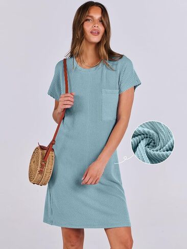ANRABESS Womens Casual Summer Ribbed Knit Tunic Tshirt Mini Dresses 2025 Spring Crewneck Short Sleeve Beach Loose Shift Dress in Kuwait