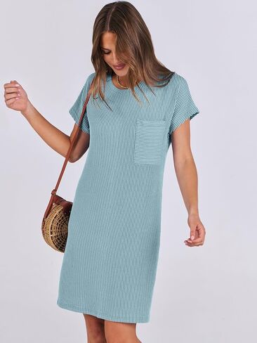 ANRABESS Womens Casual Summer Ribbed Knit Tunic Tshirt Mini Dresses 2025 Spring Crewneck Short Sleeve Beach Loose Shift Dress in Kuwait