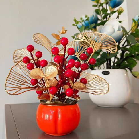 LOONEO Chinese Vietnamese Japanese New Year Artificial Flower Fu Bucket, 2025 Asian Spring Festival Table Centerpiece Ornament Pot for Lunar New Year Home Office Decorations in Saudi Arabia