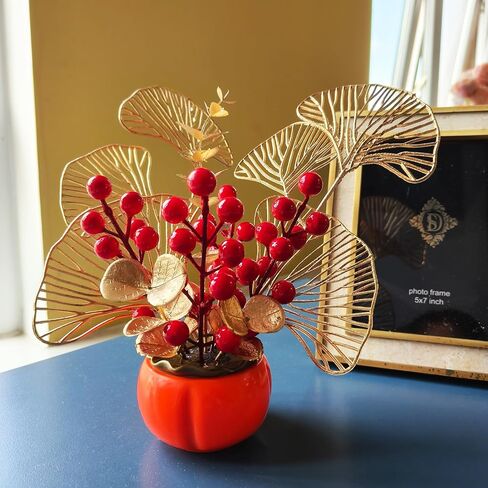 LOONEO Chinese Vietnamese Japanese New Year Artificial Flower Fu Bucket, 2025 Asian Spring Festival Table Centerpiece Ornament Pot for Lunar New Year Home Office Decorations in Saudi Arabia