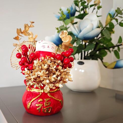 LOONEO Chinese Vietnamese Japanese New Year Artificial Flower Fu Bucket, 2025 Asian Spring Festival Table Centerpiece Ornament Pot for Lunar New Year Home Office Decorations in Saudi Arabia