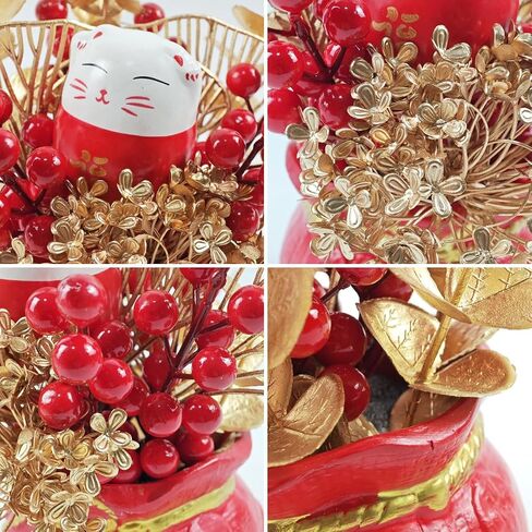 LOONEO Chinese Vietnamese Japanese New Year Artificial Flower Fu Bucket, 2025 Asian Spring Festival Table Centerpiece Ornament Pot for Lunar New Year Home Office Decorations in Saudi Arabia