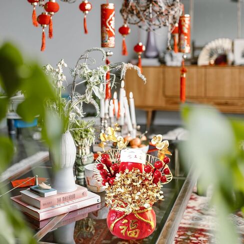 LOONEO Chinese Vietnamese Japanese New Year Artificial Flower Fu Bucket, 2025 Asian Spring Festival Table Centerpiece Ornament Pot for Lunar New Year Home Office Decorations in Saudi Arabia