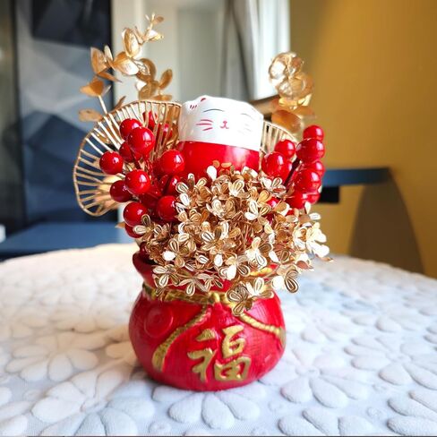 LOONEO Chinese Vietnamese Japanese New Year Artificial Flower Fu Bucket, 2025 Asian Spring Festival Table Centerpiece Ornament Pot for Lunar New Year Home Office Decorations in Saudi Arabia