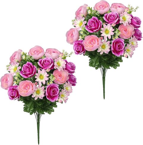 Hollyone Set of 2 Artificial Cemetery Flower for Graves Cemetery Memorial Flowers for Outdoor Grave Decorations Silk Flower Arrangements Pink Rose Peonies Lily Floral Flowers Bouquets in Kuwait