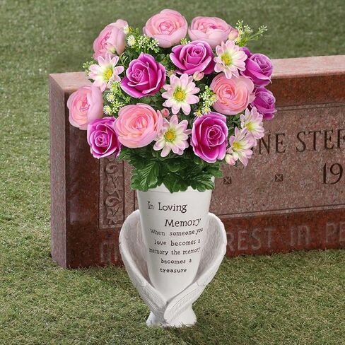 Hollyone Set of 2 Artificial Cemetery Flower for Graves Cemetery Memorial Flowers for Outdoor Grave Decorations Silk Flower Arrangements Pink Rose Peonies Lily Floral Flowers Bouquets in Kuwait