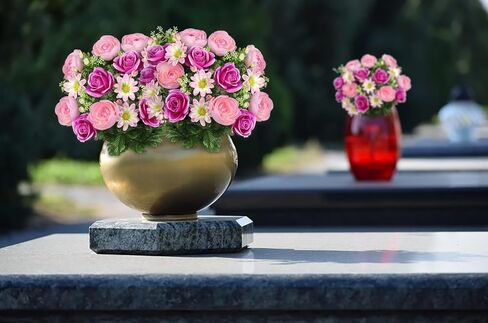 Hollyone Set of 2 Artificial Cemetery Flower for Graves Cemetery Memorial Flowers for Outdoor Grave Decorations Silk Flower Arrangements Pink Rose Peonies Lily Floral Flowers Bouquets in Kuwait