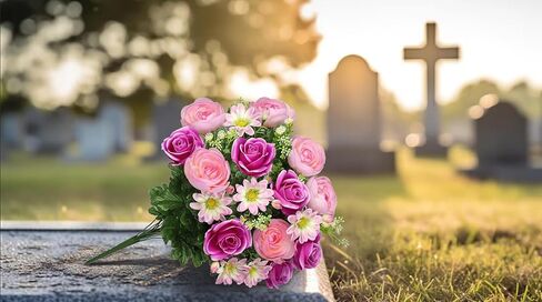 Hollyone Set of 2 Artificial Cemetery Flower for Graves Cemetery Memorial Flowers for Outdoor Grave Decorations Silk Flower Arrangements Pink Rose Peonies Lily Floral Flowers Bouquets in Kuwait