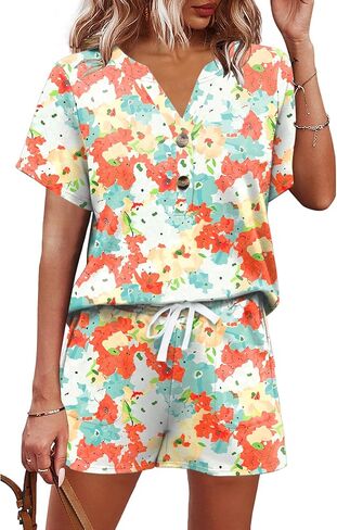 AKEWEI Womens Two Piece Outfits Summer Lounge Sets Tracksuit V Neck Buttons Down Tops and Shorts Set with Pockets in Kuwait