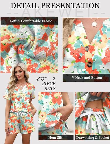 AKEWEI Womens Two Piece Outfits Summer Lounge Sets Tracksuit V Neck Buttons Down Tops and Shorts Set with Pockets in Kuwait
