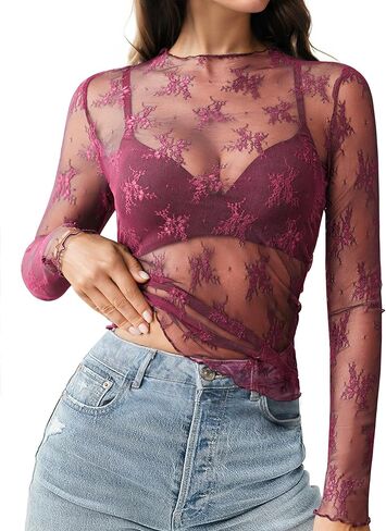 HOTOUCH Women's Mesh Sheer Tops Long Sleeve Layering Top Mock Neck See Through Floral Lace Shirt Blouse in Kuwait