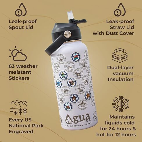Original National Parks Water Bottle with Stickers, Leakproof Insulated Water Bottle with Straw and Spout Lid, 63 Waterproof Stickers for Water Bottle, Luxury Box for National Park Gifts in Saudi Arabia