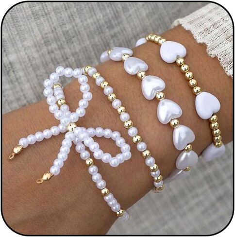 Pearl Bow Bracelet for Women Waterproof Gold Beaded Bracelets Stretch Bead Ball Stackable Bracelets Adjustable Multilayered Elastic Heart Pearl Bracelets Christmas Bow Bracelet for Women Gifts in Saudi Arabia