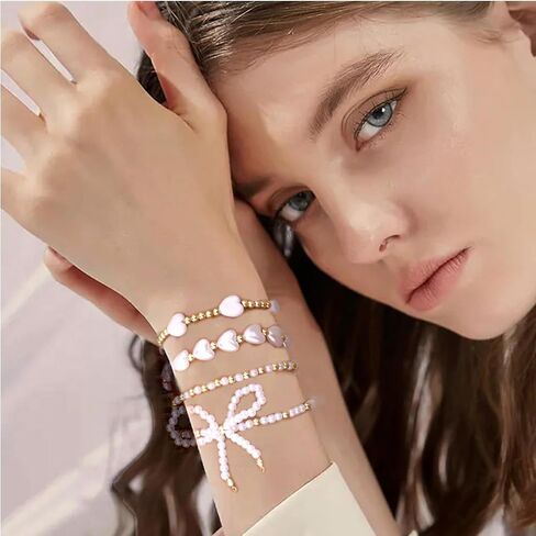 Pearl Bow Bracelet for Women Waterproof Gold Beaded Bracelets Stretch Bead Ball Stackable Bracelets Adjustable Multilayered Elastic Heart Pearl Bracelets Christmas Bow Bracelet for Women Gifts in Saudi Arabia