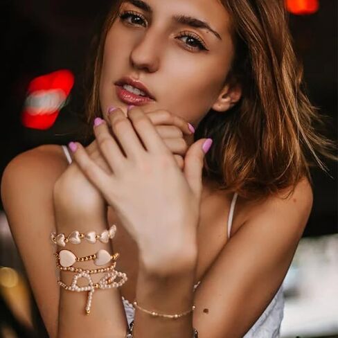 Pearl Bow Bracelet for Women Waterproof Gold Beaded Bracelets Stretch Bead Ball Stackable Bracelets Adjustable Multilayered Elastic Heart Pearl Bracelets Christmas Bow Bracelet for Women Gifts in Saudi Arabia