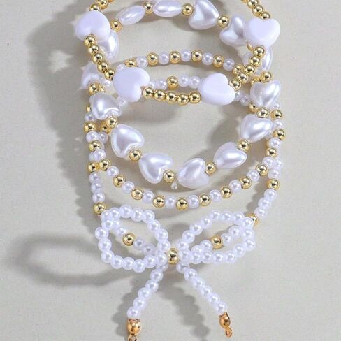 Pearl Bow Bracelet for Women Waterproof Gold Beaded Bracelets Stretch Bead Ball Stackable Bracelets Adjustable Multilayered Elastic Heart Pearl Bracelets Christmas Bow Bracelet for Women Gifts in Saudi Arabia