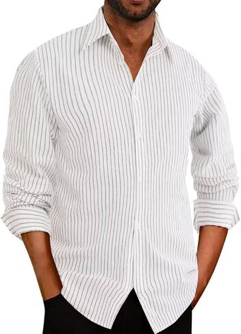 elselect Men's Button-Down Striped Shirts Casual Long Sleeve Cotton Linen Shirts for Men Collared Fashion Business Shirt in Saudi Arabia