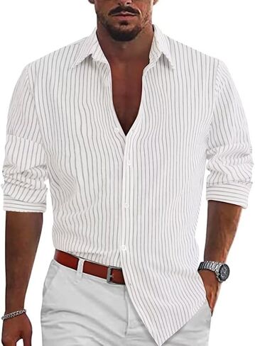 elselect Men's Button-Down Striped Shirts Casual Long Sleeve Cotton Linen Shirts for Men Collared Fashion Business Shirt in Saudi Arabia