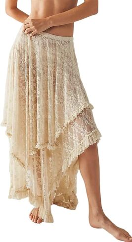 Women's Sexy Asymmetrical Lace Long Skirts Summer Elastic Layered Hem Skirt See-Through Beach Floral Half Slip in Kuwait