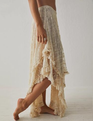 Women's Sexy Asymmetrical Lace Long Skirts Summer Elastic Layered Hem Skirt See-Through Beach Floral Half Slip in Kuwait