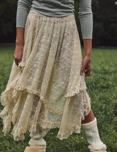 Women's Sexy Asymmetrical Lace Long Skirts Summer Elastic Layered Hem Skirt See-Through Beach Floral Half Slip in Kuwait