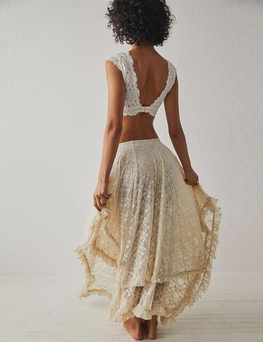 Women's Sexy Asymmetrical Lace Long Skirts Summer Elastic Layered Hem Skirt See-Through Beach Floral Half Slip in Kuwait