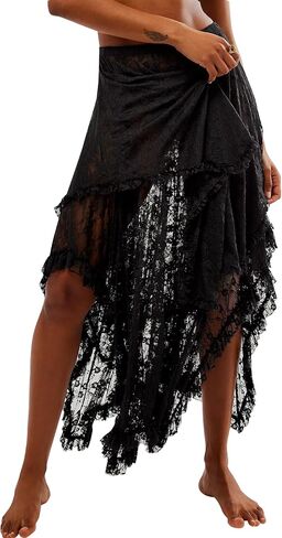 Women's Sexy Asymmetrical Lace Long Skirts Summer Elastic Layered Hem Skirt See-Through Beach Floral Half Slip in Kuwait