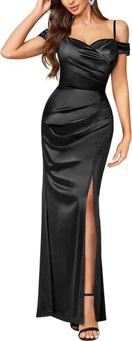 Miusol Women's Sexy Off Shoulder Satin High Split Ruched Style Evening Party Maxi Dress in Kuwait