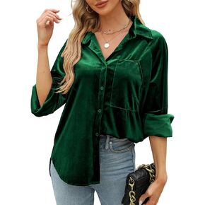 CYLADY Womens Velvet Button Down Shirt Tops Retro V Neck Oversize Long Sleeve Collar Blouse with Pocket