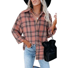 Vrtige Women's Cotton Flannel Plaid Long Sleeve Collared Button Down Blouse Loose Shirt Top