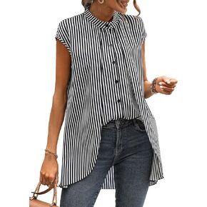 Floerns Women's Striped Print Short Sleeve Button Front Mock Neck Blouse Top