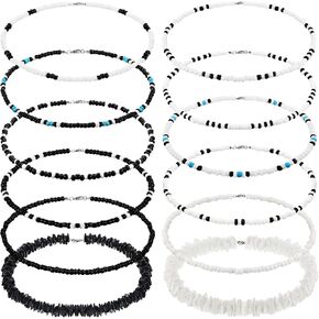 Yinkin 12 Pcs Puka Shell Necklace Beach Surfer Beaded Necklace Summer Surfer Chokers for Men Women Jewelry(Black and White)