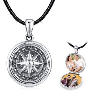 TANGPOET Personalized Compass Locket Necklace for Men Women 925 Oxidized Silver Lockets Necklace that Holds Two Pictures Memorial Photo Jewelry Birthday Christmas Fathers Day Graduation Gifts