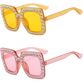 2 Pairs Oversized Crystal Rhinestone Sunglasses for Women Men Thick Frame Bling Glasses Sparkling Disco Glasses