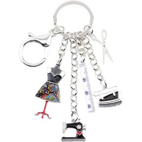 WEVENI Alloy Sewing Machine Keychain Scissors Ruler Iron Jewelry Enamel Charms For Women Girls Gift