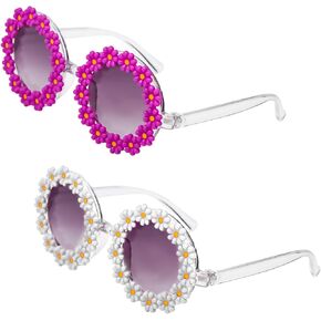 LUTER 2pcs Kids Flower Sunglasses, Colorful Daisy Sunglasses for Kids Round Flower Shape Sunglasses Kit for Girls Outdoors Party Beach Supplies (White, Purple)