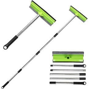 Window Squeegee with Long Handle, 2 in 1 Squeegee with Cleaning Sponge and Rubber Blade,Car Squeegee Window Cleaning Tool for Gas Station, Glass,Shower,Windshield (Green)