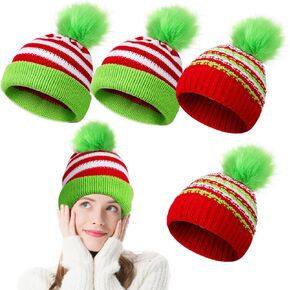 Cuffbow 4 Pcs Lime Green Beanie Hats Christmas Knitted Hat with Furry Pompom Winter Warm Christmas Elf Beanie Xmas Red and Green Santa Hat for Adults Christmas Holiday Party Dress up