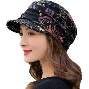 GASMA Floral Pleated Short Brim Hat, Women's Short Brim Flower Hat, Winter Warm Vintage Velvet Knit Hat for Women (Black)