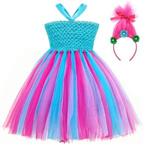 TYHTYM Trolls Costume Little Girls Handmade Tutu Dresses Blue Tulle Clothing Princess Poppy Cosplay Birthday Christmas Party