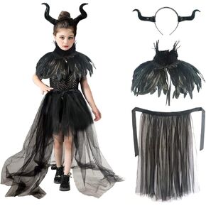 VZQI Evil Queen Feather Horns Costume for Girls Black Cape Halloween Headpiece Shawl Accessories