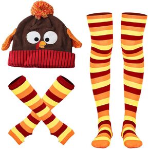 3Pcs Thanksgiving Turkey Costumes Set, Turkey Beanie Hat Breathable Turkey Socks for Runners Thanksgiving Holiday