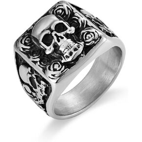 Stainless Steel Skull Signet Ring for Men, Punk Rose Skull Men's Ring, Size 7-12